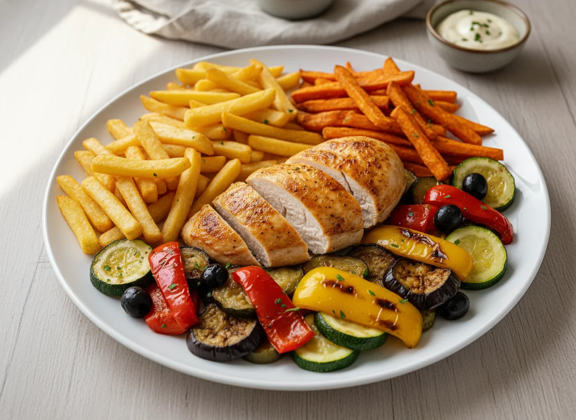 Hähnchenbrust mit Ofengemüse und Pommes Frites photo