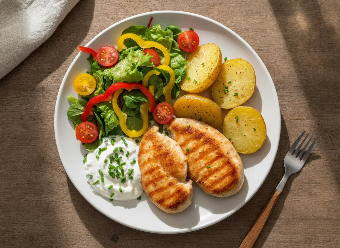 Hähnchenbrust mit Ofenkartoffel und gemischtem Salat photo