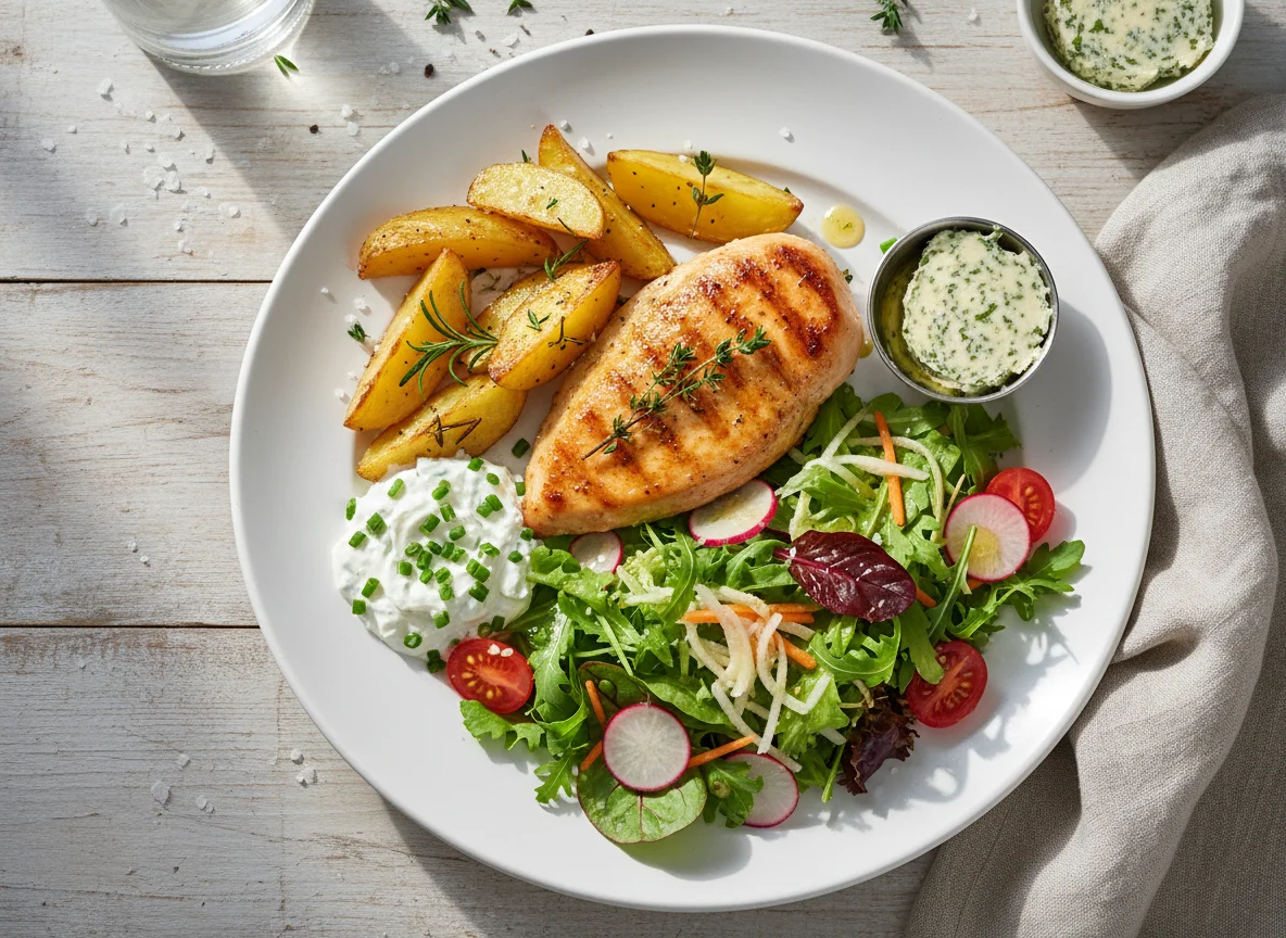 Hähnchenbrust mit Ofenkartoffel und Salat photo