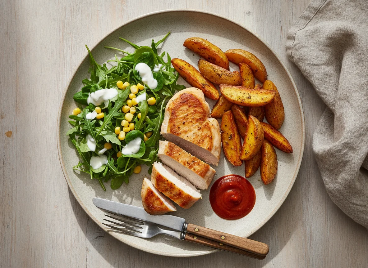 Hähnchenbrust mit Ofenkartoffeln und gemischtem Salat photo