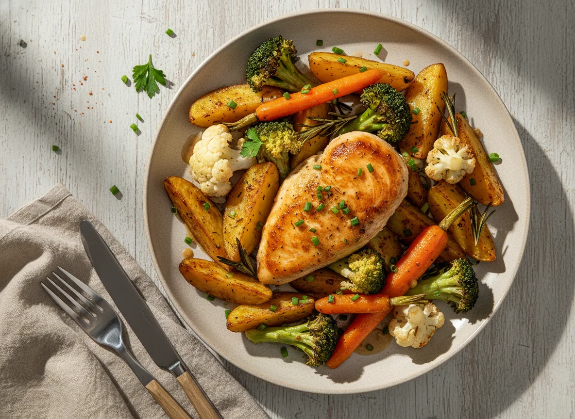 Hähnchenbrust mit Ofenkartoffeln und Gemüse photo