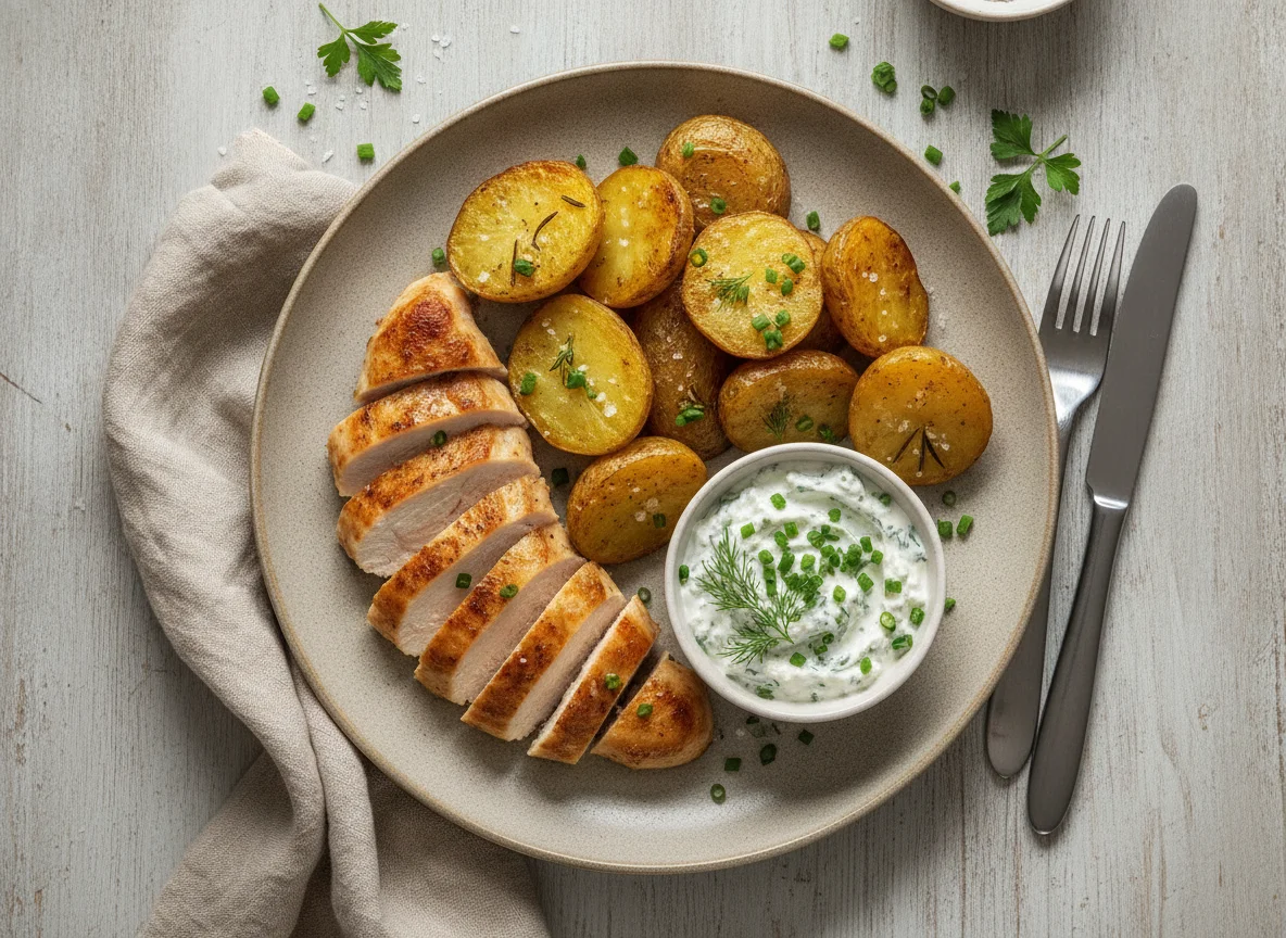 Hähnchenbrust mit Ofenkartoffeln und Kräuterquark photo