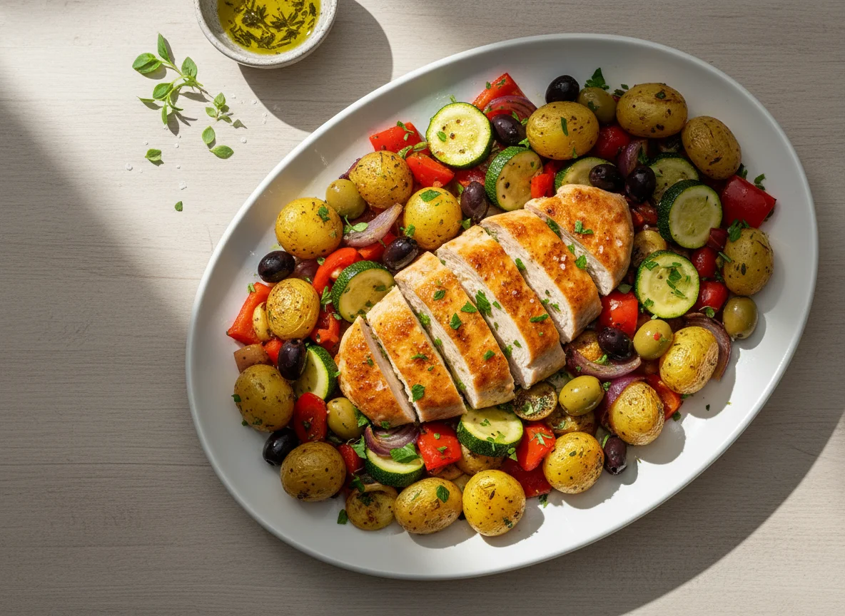 Hähnchenbrust mit Ofenkartoffeln und mediterranem Gemüse photo