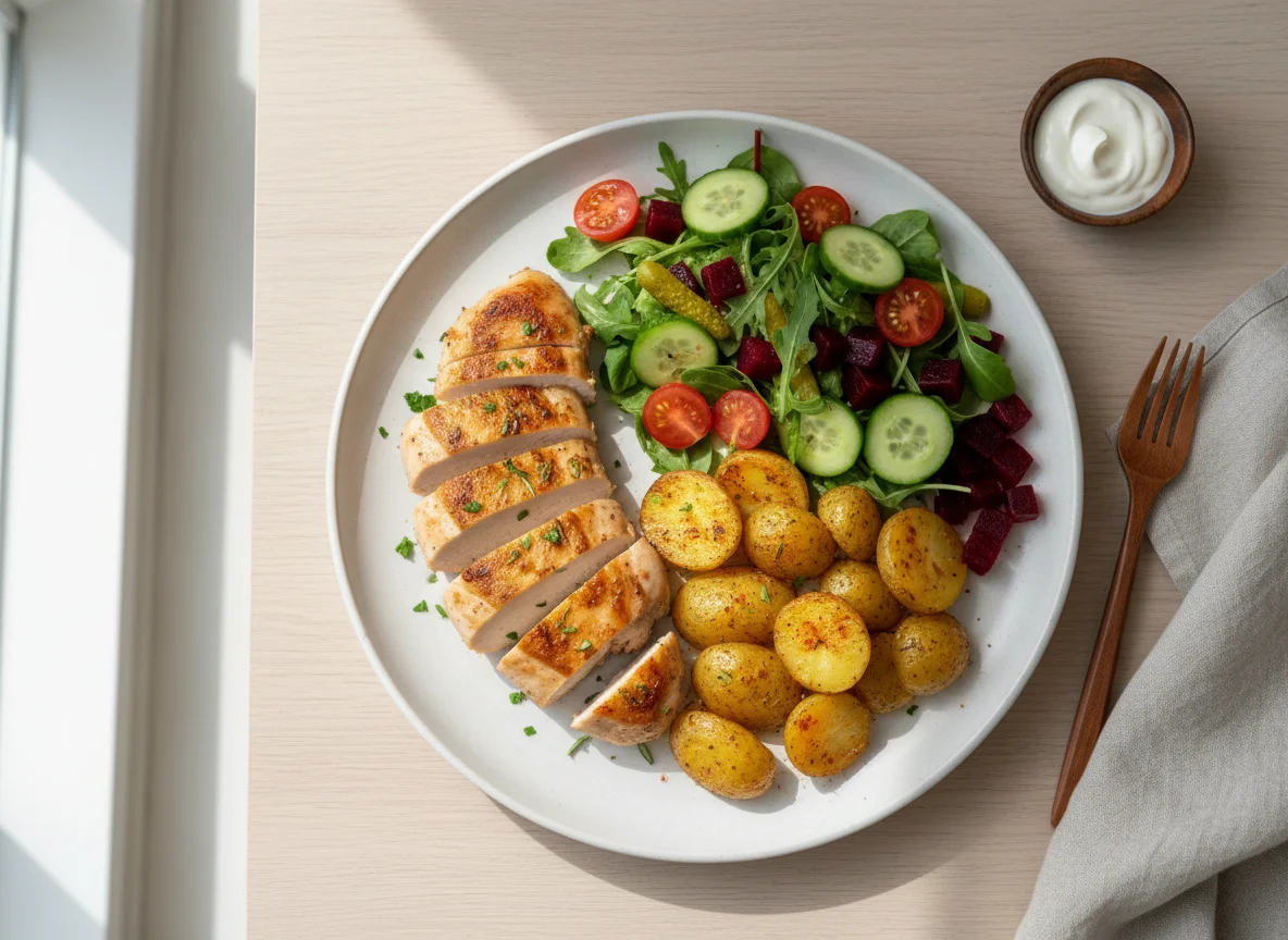 Hähnchenbrust mit Ofenkartoffeln und Salat photo