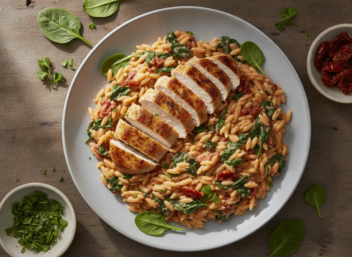 Hähnchenbrust mit Orzo und cremiger Tomaten-Spinat-Sauce photo