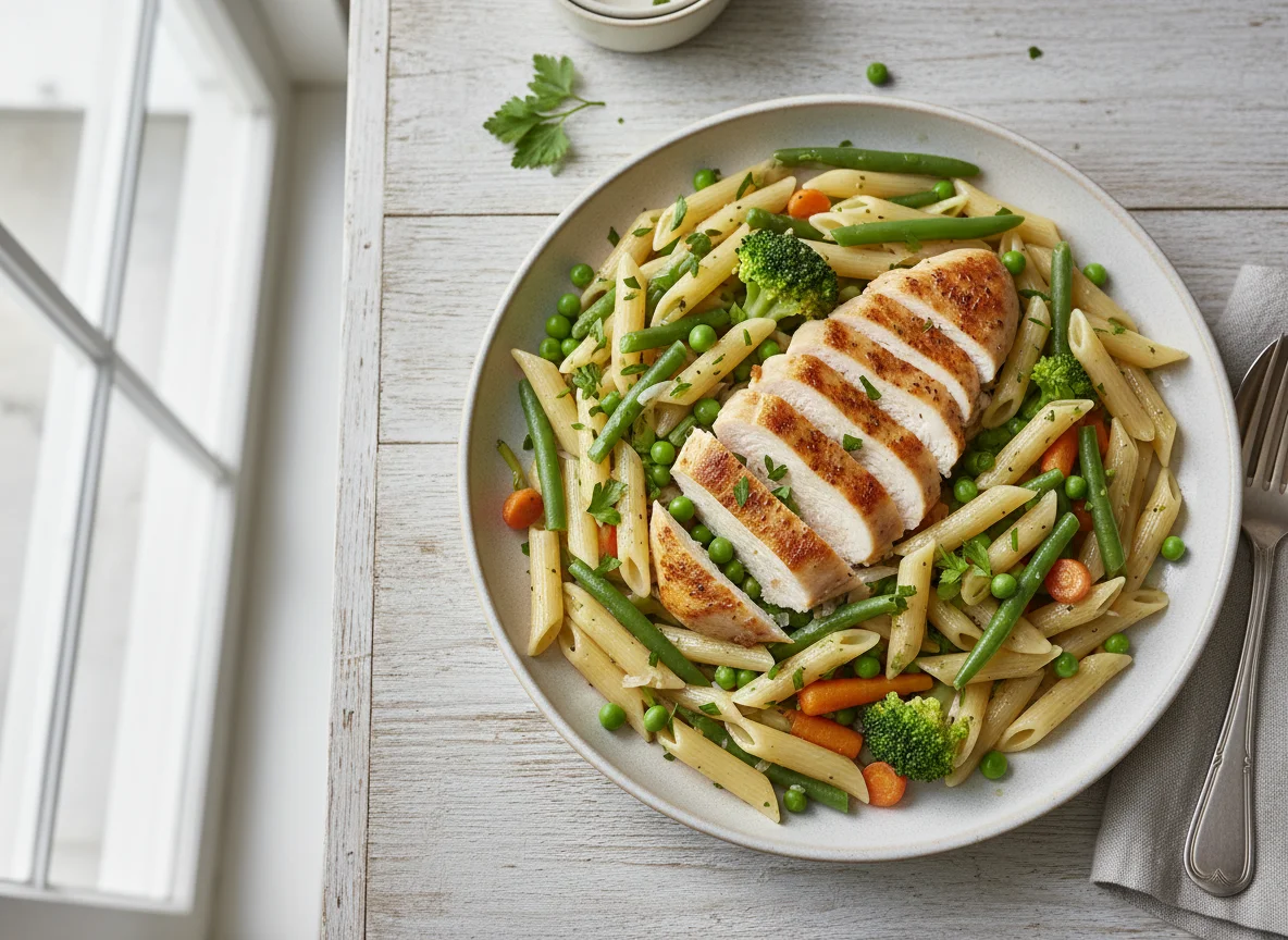 Hähnchenbrust mit Pasta und Gemüse photo