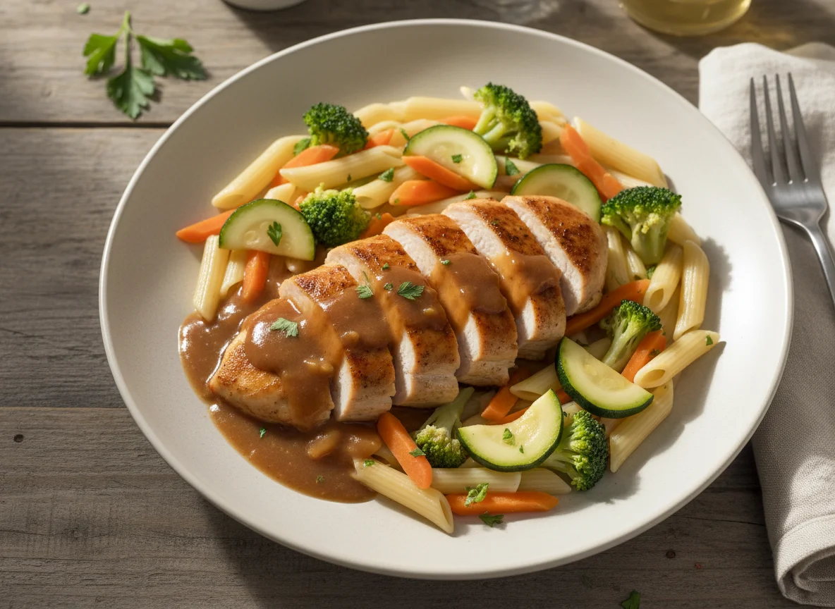 Hähnchenbrust mit Penne und Gemüse photo