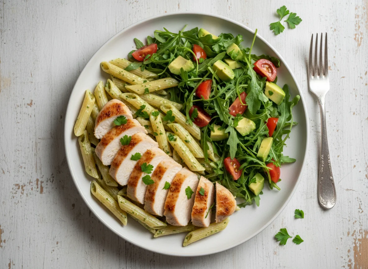 Hähnchenbrust mit Penne und Salat photo