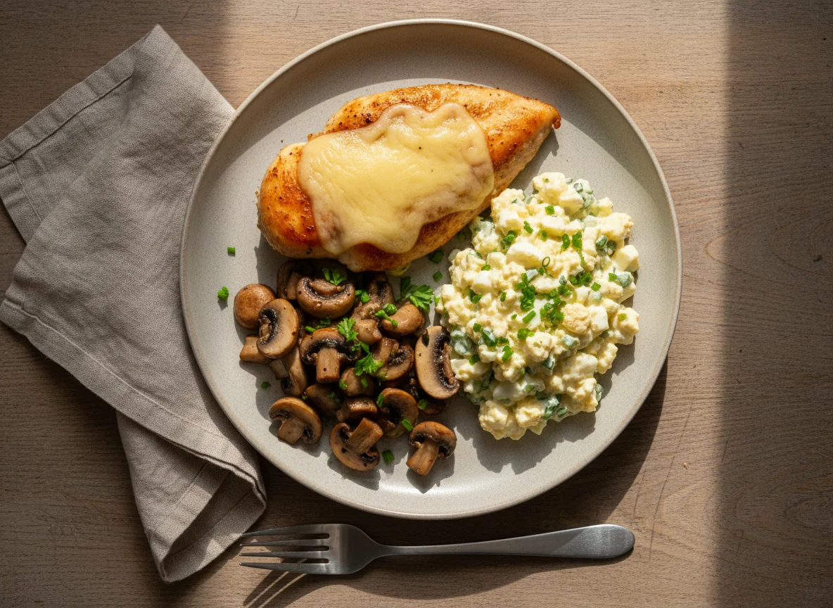 Hähnchenbrust mit Pilzen und Eiersalat photo