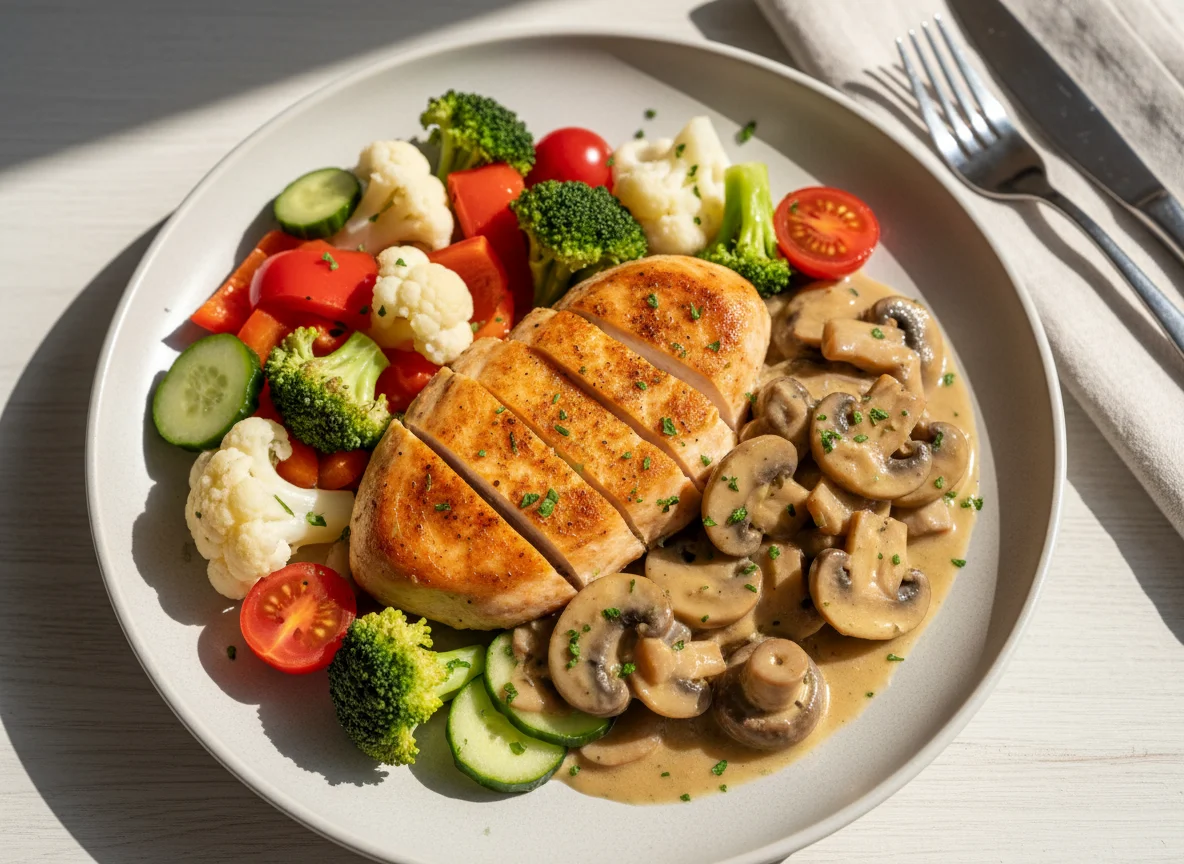 Hähnchenbrust mit Pilzen und gemischtem Gemüse photo