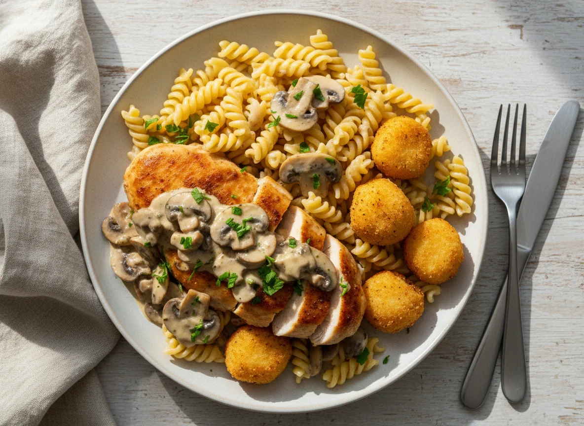 Hähnchenbrust mit Pilzrahmsoße, Fusilli und Kroketten photo