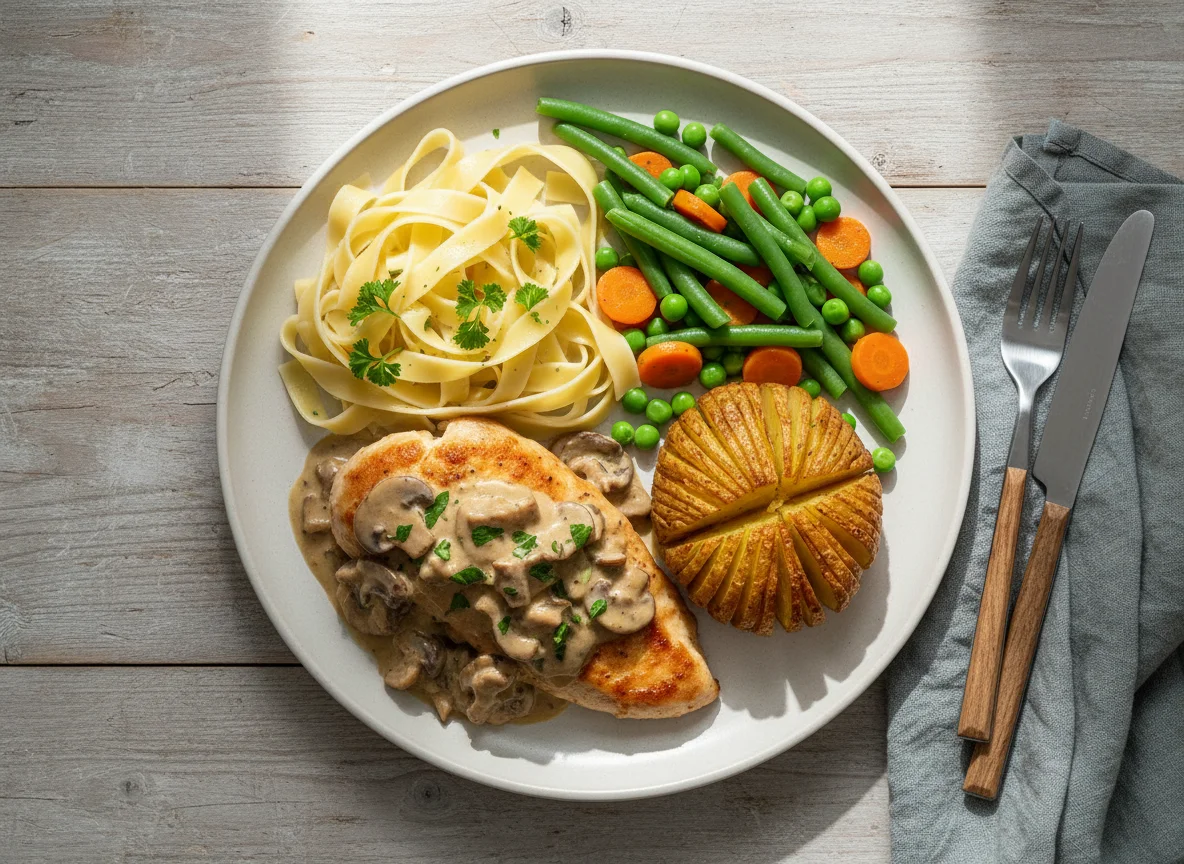 Hähnchenbrust mit Pilzsauce, Bandnudeln, Hasselback-Kartoffel und Gemüse photo