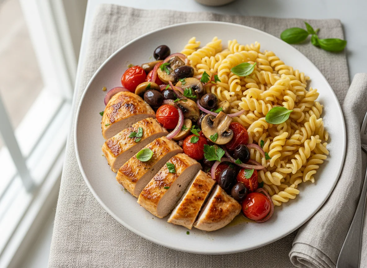 Hähnchenbrust mit Pilz-Tomaten-Oliven-Salsa und Fusilli photo