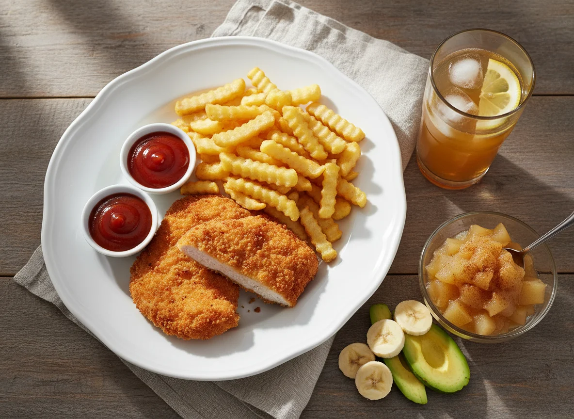 Hähnchenbrust mit Pommes Frites und Beilagen photo