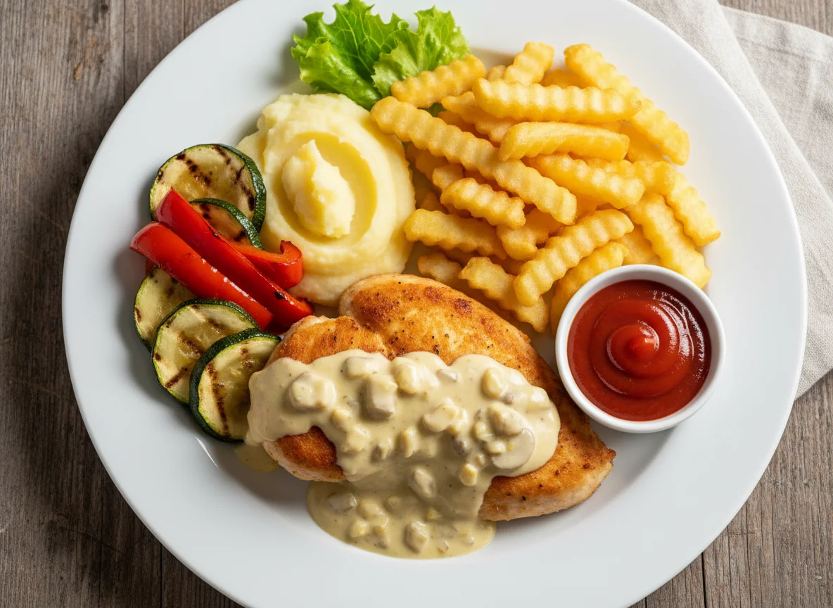 Hähnchenbrust mit Pommes Frites und Gemüse photo
