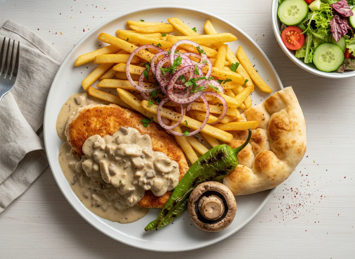 Hähnchenbrust mit Pommes und Salat photo