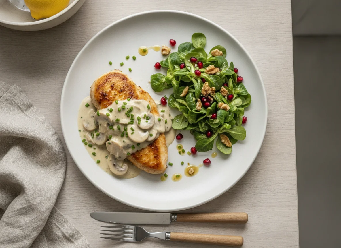 Hähnchenbrust mit Rahmsauce und Feldsalat photo