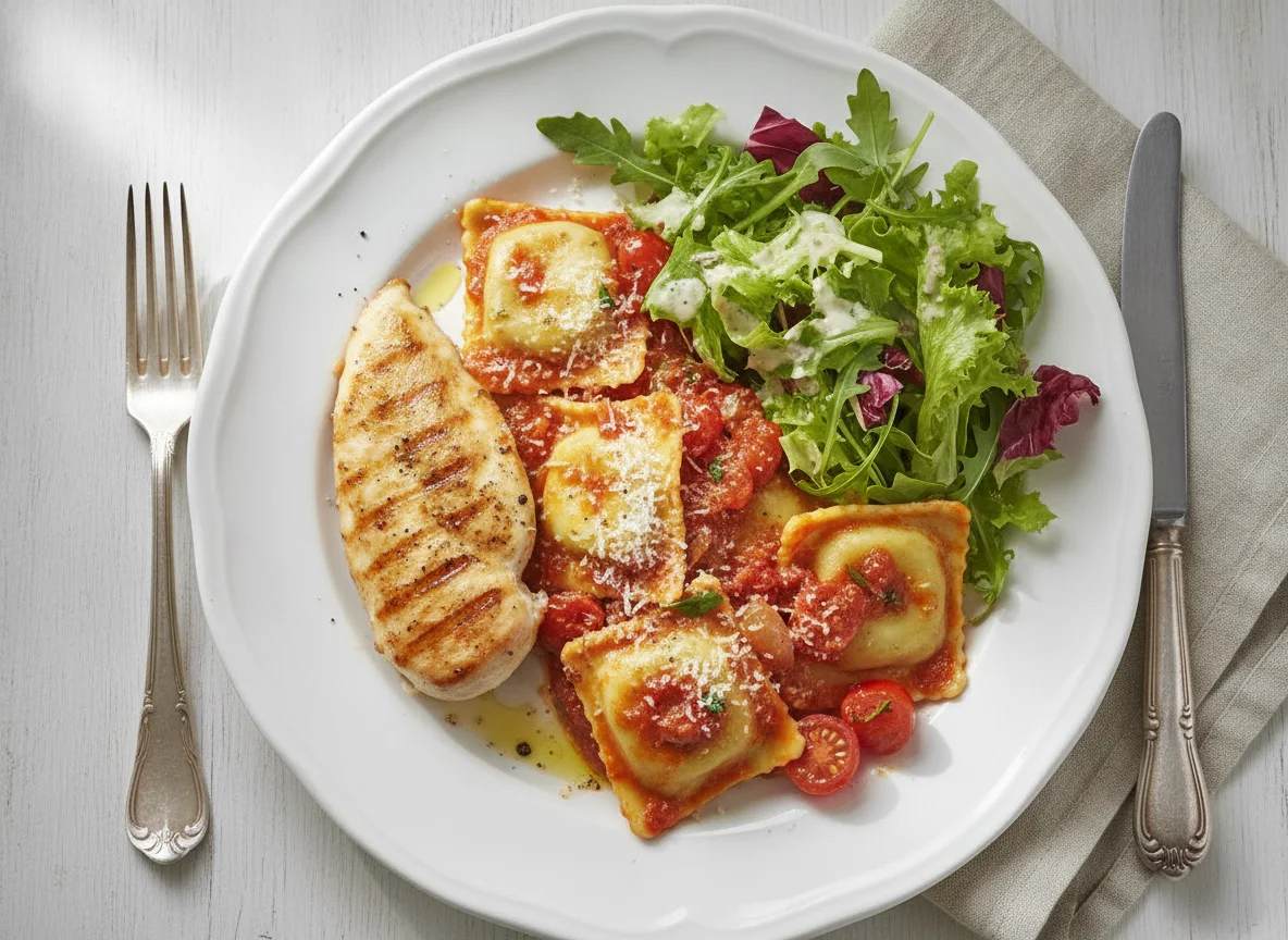 Hähnchenbrust mit Ravioli und Salat photo