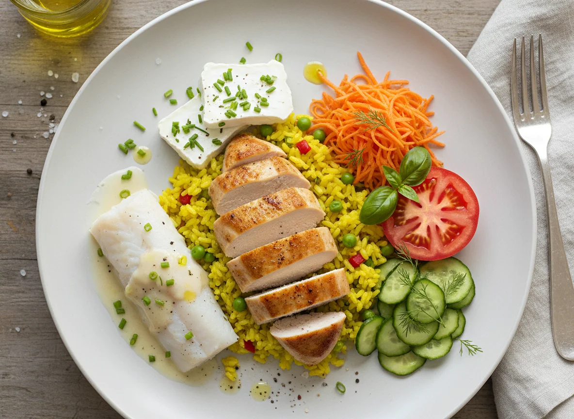 Hähnchenbrust mit Reis, Fisch, Ziegenkäse und Salaten photo