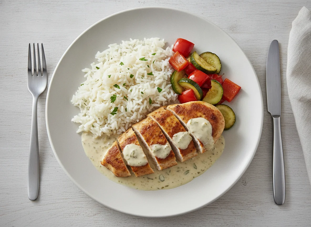 Hähnchenbrust mit Reis, Gemüse und Sauce photo
