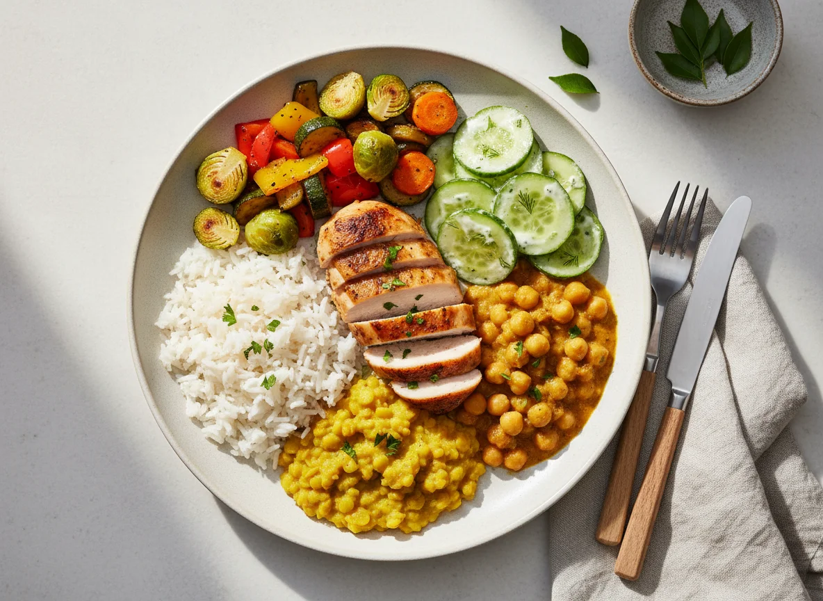 Hähnchenbrust mit Reis, Kichererbsen-Curry, Gemüse und Gurkensalat photo