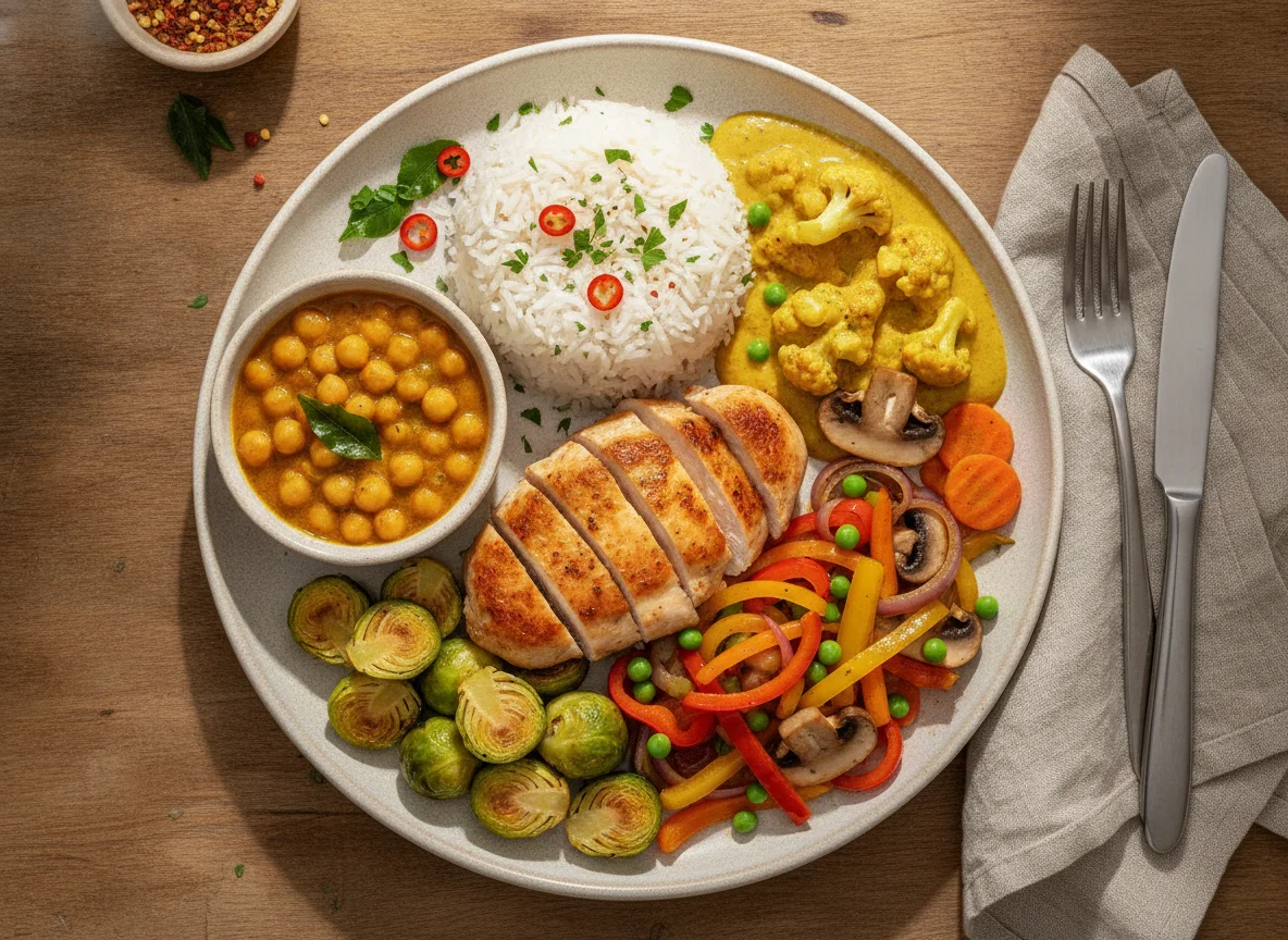 Hähnchenbrust mit Reis, Kichererbsen-Curry und Gemüse photo