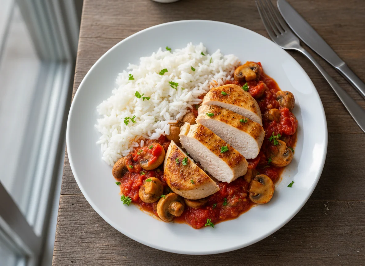 Hähnchenbrust mit Reis, Pilzen und Tomatensauce photo