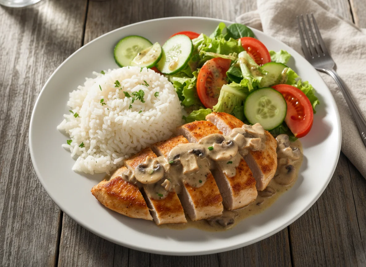 Hähnchenbrust mit Reis, Pilzrahmsoße und Salat photo