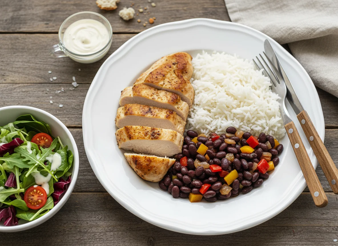 Hähnchenbrust mit Reis, schwarzen Bohnen und Salat photo