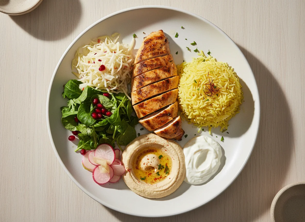 Hähnchenbrust mit Reis und Beilagen photo