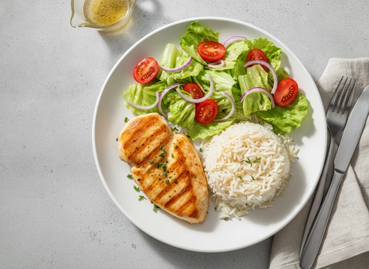 Hähnchenbrust mit Reis und Beilagensalat photo
