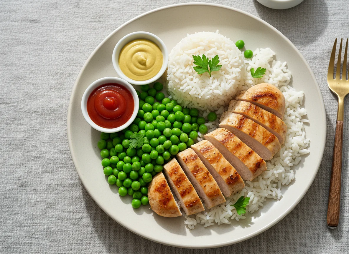 Hähnchenbrust mit Reis und Erbsen photo