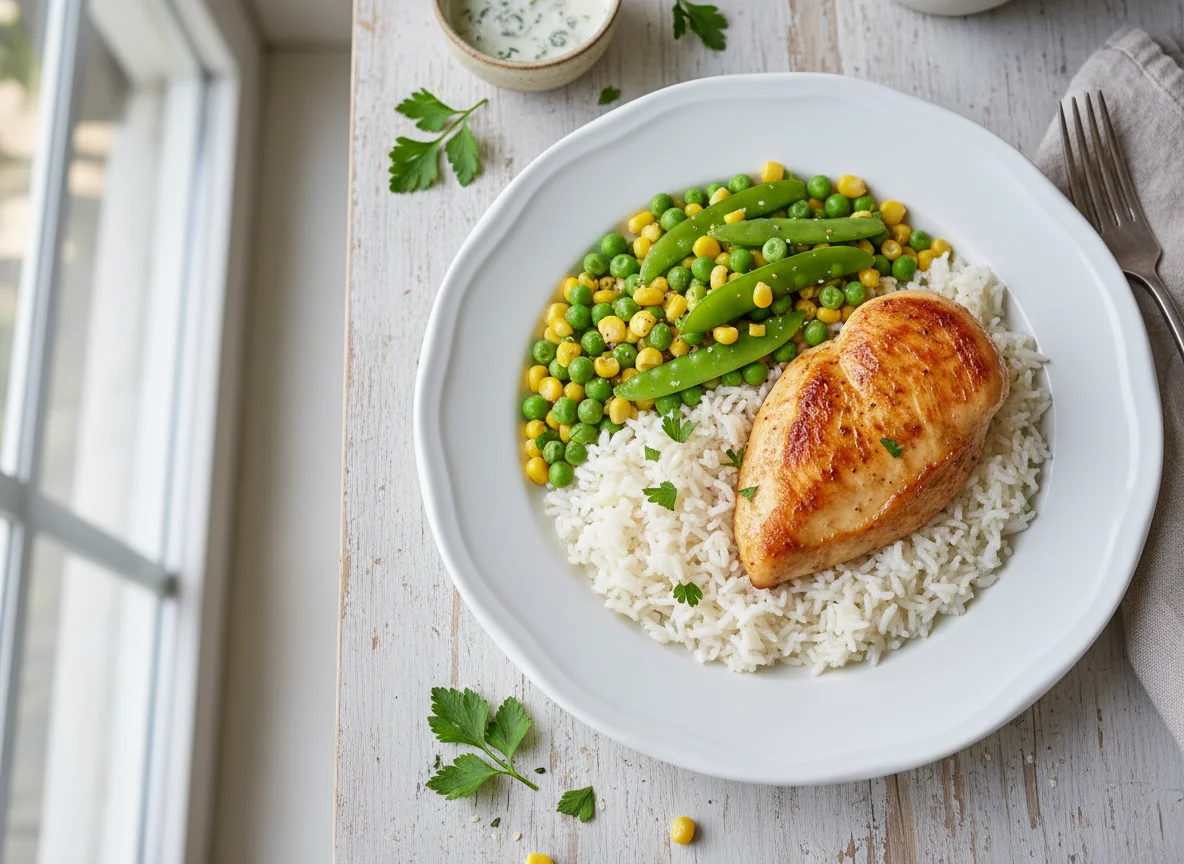 Hähnchenbrust mit Reis und Erbsen-Mais-Gemüse photo