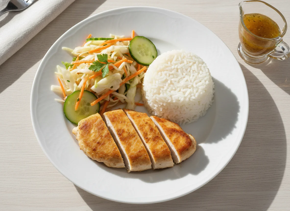 Hähnchenbrust mit Reis und gemischtem Salat photo
