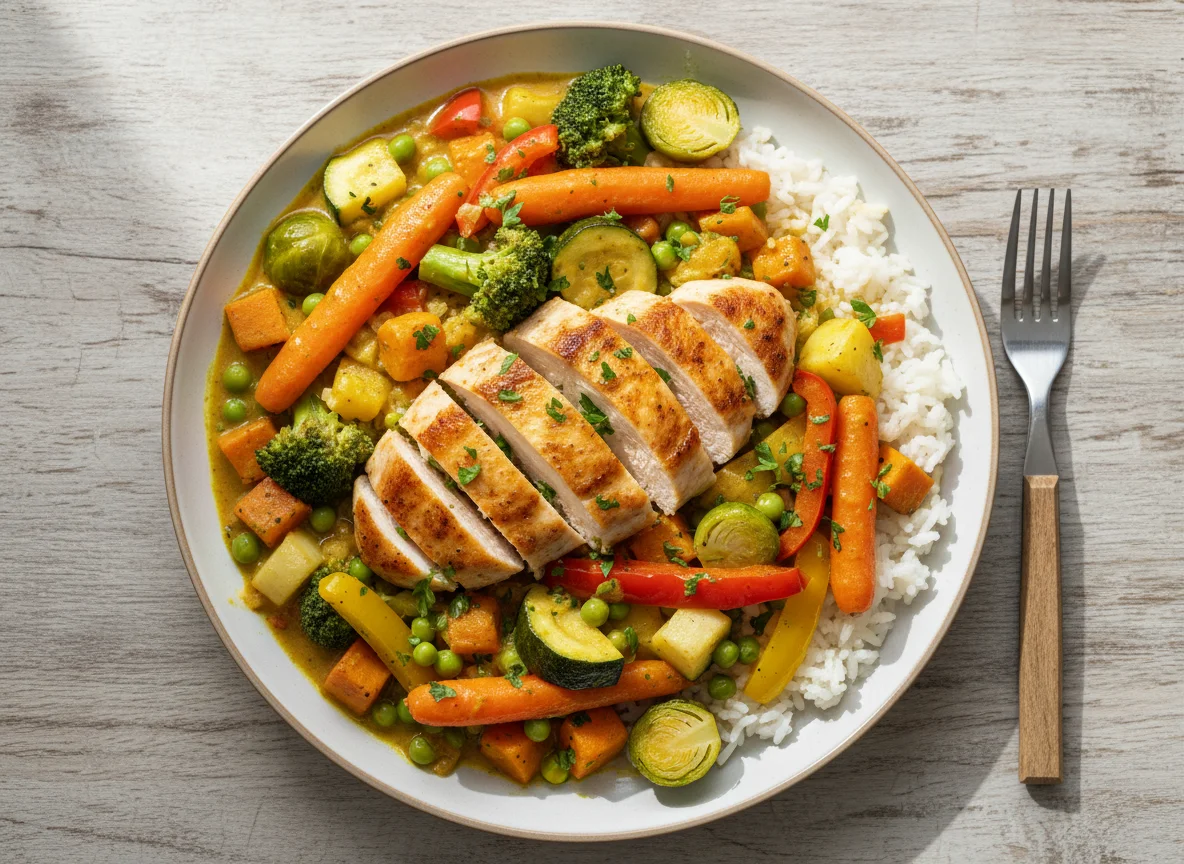 Hähnchenbrust mit Reis und Gemüse in Currysauce photo