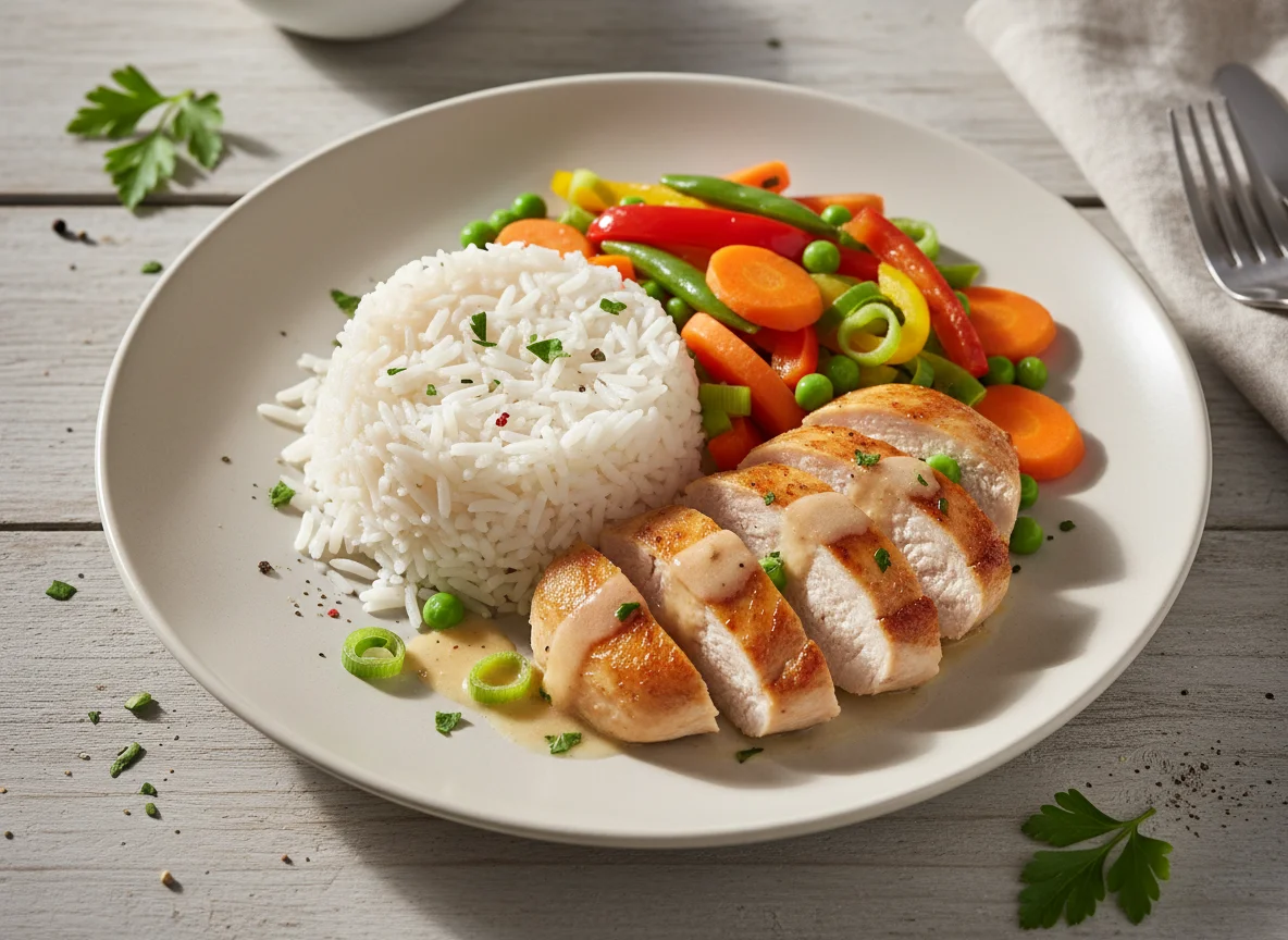 Hähnchenbrust mit Reis und Gemüse photo