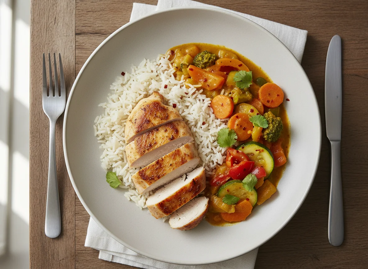Hähnchenbrust mit Reis und Gemüse-Curry photo