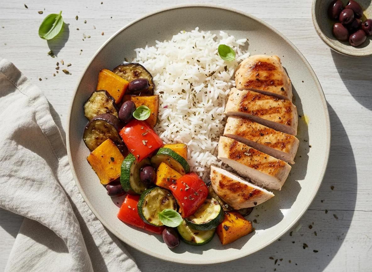 Hähnchenbrust mit Reis und mediterranem Gemüse photo