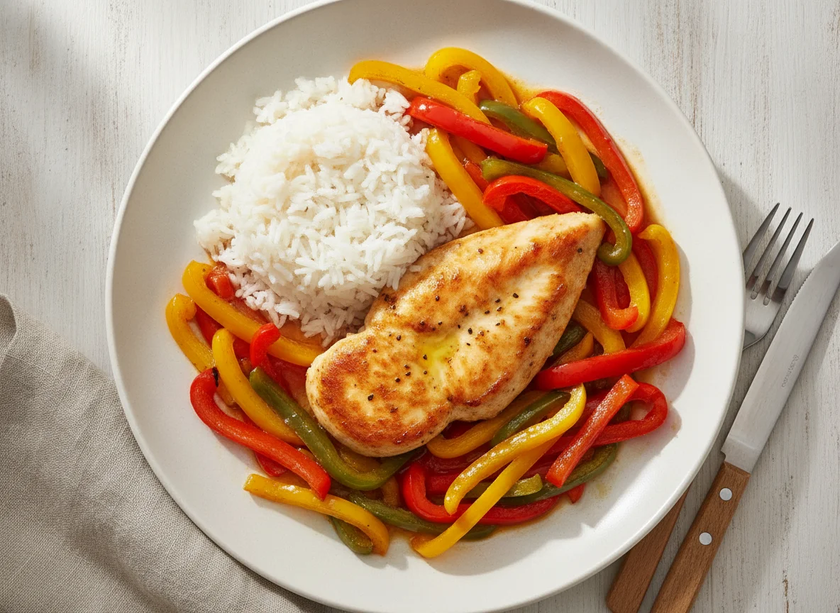 Hähnchenbrust mit Reis und Paprikagemüse photo