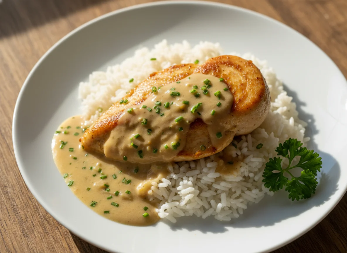 Hähnchenbrust mit Reis und Rahmsauce photo