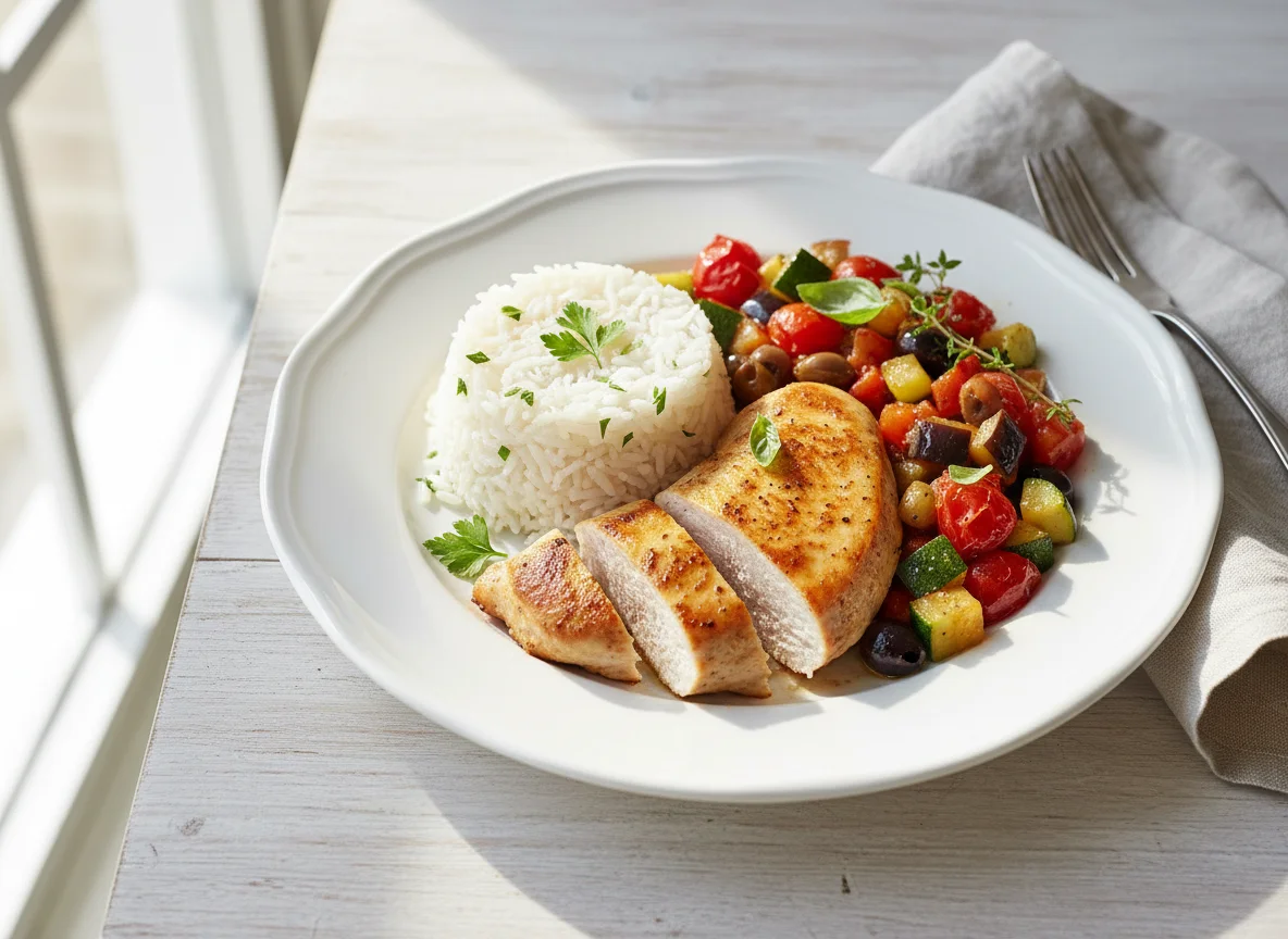 Hähnchenbrust mit Reis und Ratatouille photo