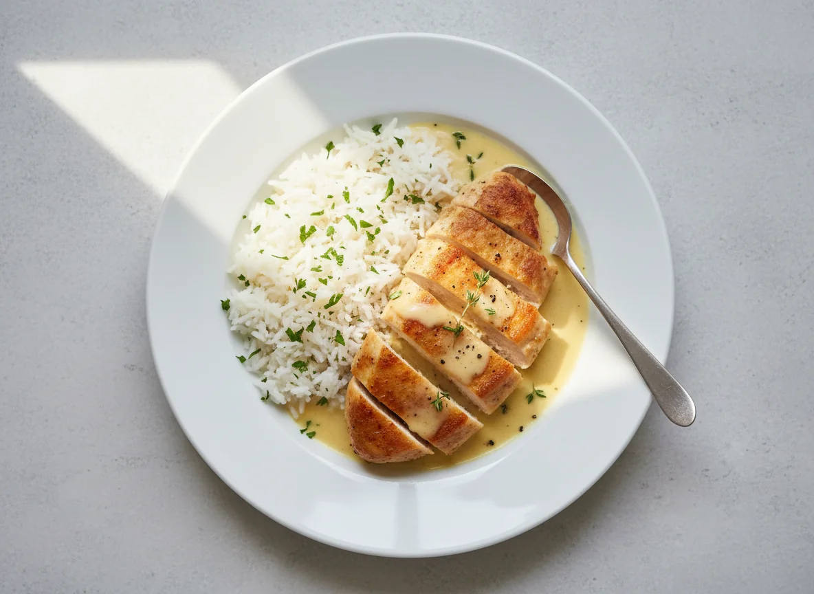 Hähnchenbrust mit Reis und Sahnesauce photo