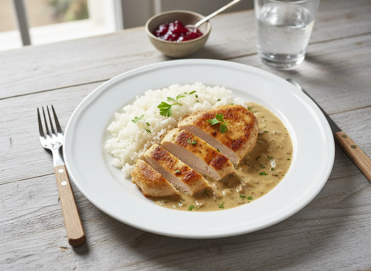 Hähnchenbrust mit Reis und Soße photo