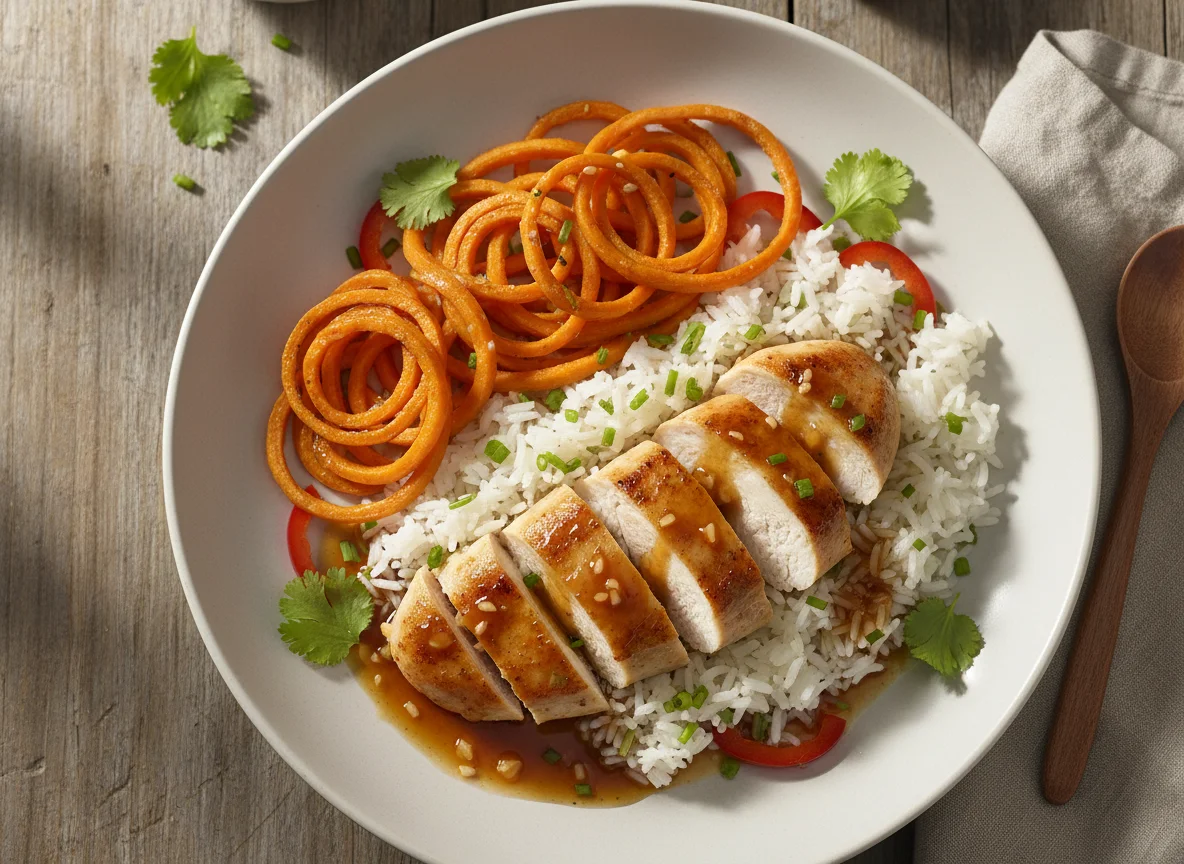 Hähnchenbrust mit Reis und Süßkartoffel-Nudeln photo