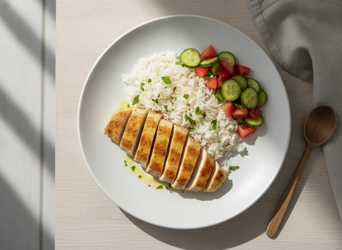 Hähnchenbrust mit Reis und Tomaten-Gurken-Salat photo