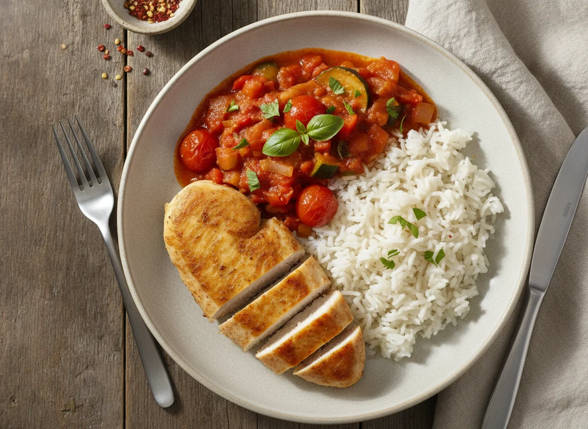 Hähnchenbrust mit Reis und Tomatensauce photo