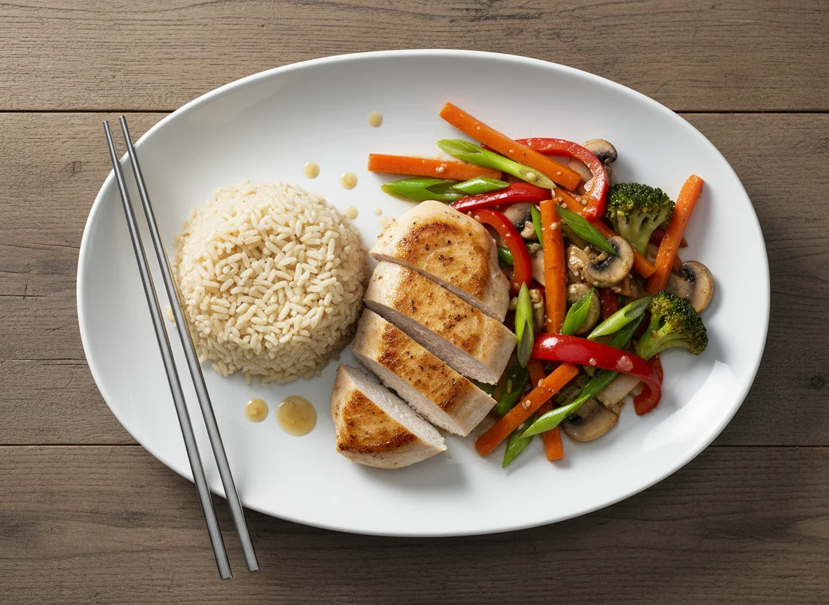Hähnchenbrust mit Reis und Wok-Gemüse photo