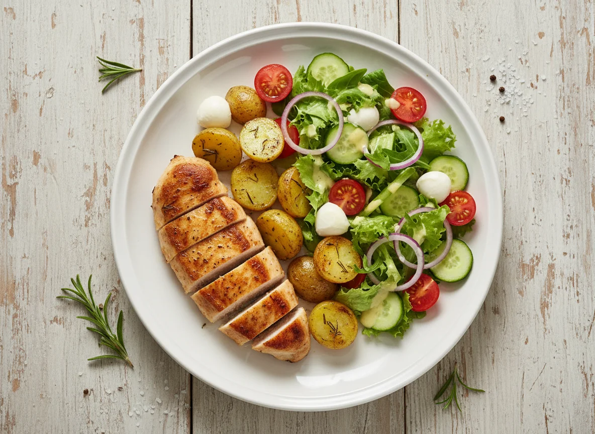 Hähnchenbrust mit Rosmarinkartoffeln und Salat photo