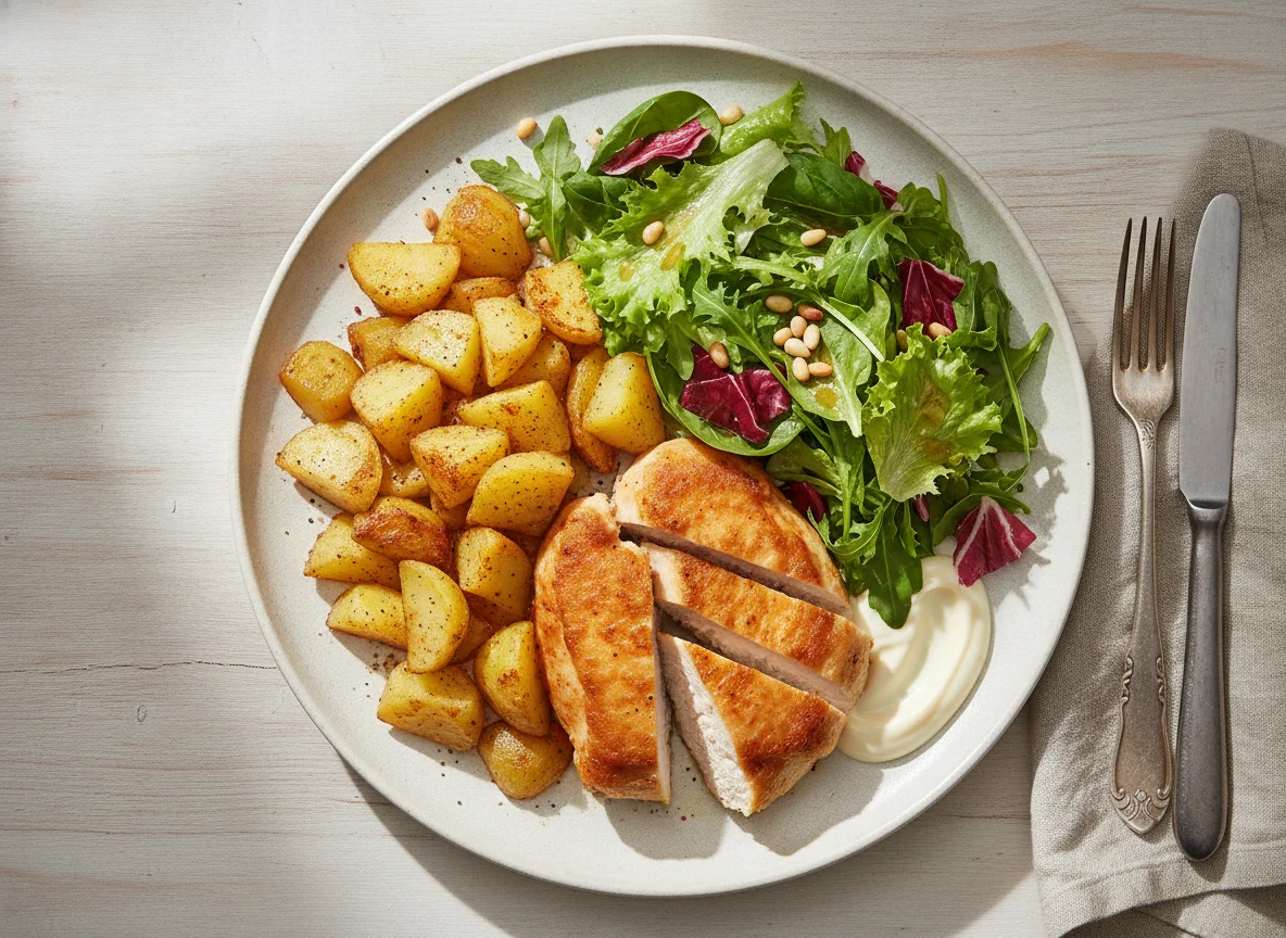 Hähnchenbrust mit Röstkartoffeln und gemischtem Salat photo