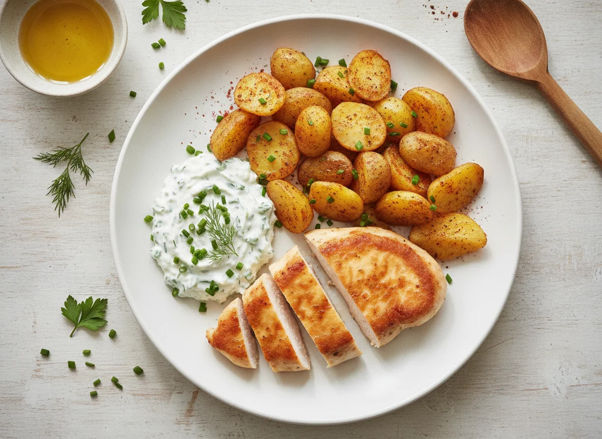 Hähnchenbrust mit Röstkartoffeln und Kräuterquark photo